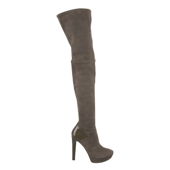 GUCCI Grey Karen Suede & Patent Leather Heel OTK Platform Boot - Picture 1 of 8